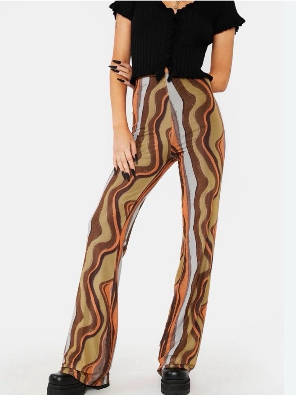 Motel Wavy Stripe Flare Pants in Brown & Orange
